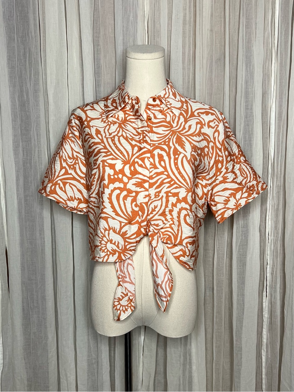 Joie White & Orange Floral Short Sleeve Button Up Top